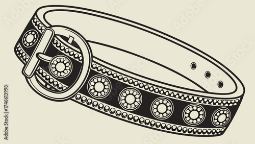Stylized Decorative Belt with Buckle and Patterned Detailing.