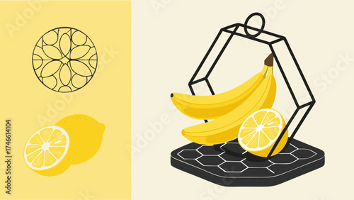 Isometric illustration of bananas and lemons on a geometric stand yellow and black color scheme fruit still life healthy food design kitchen decor modern art.