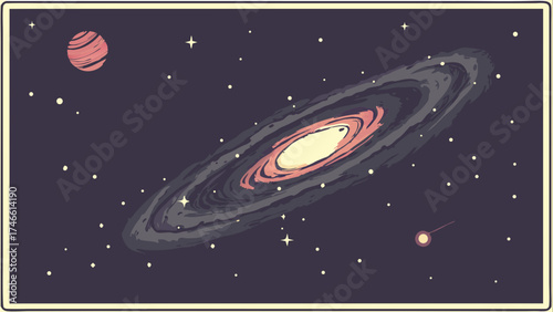 Stylized Spiral Galaxy Illustration Cosmic Background Space Art Celestial Design Universe Artwork Planet Stars.