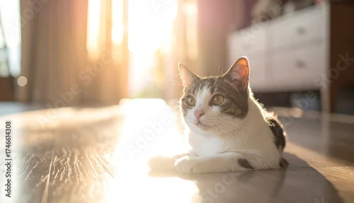 Fototapeta samoprzylepna Domestic feline basking in warm sunlight on a polished wooden floor