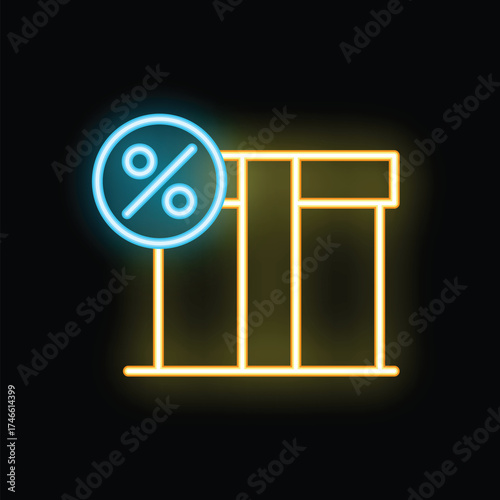 Neon icon representing a tax office building with a percentage symbol, perfect for topics related to taxes