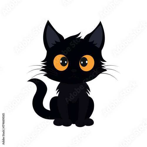 Cute cartoon black cat with large orange eyes.