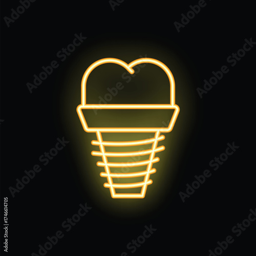 Neon yellow icon of a dental implant glowing on a black background