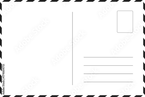 blank postcard template with place for stamp. airmail postcard with red and blue border. white paper texture