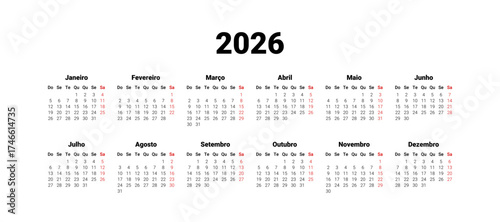 Full months for wall calendar, isolated wall background. Calendar template for Portugal start from Monday. 2026 Calendar in Portuguese