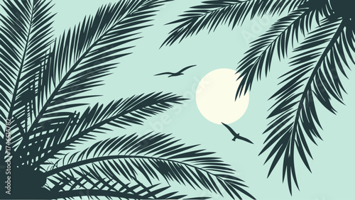 Tropical Scene with Palm Fronds Birds and Sun Minimalist Vector Illustration.