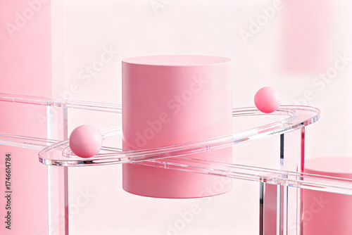 Pink cylinder and spheres on transparent track