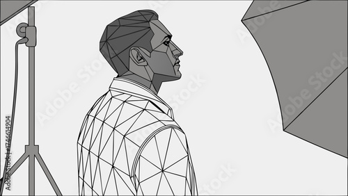 Low-poly illustration of a person in a photo studio geometric portrait black and white artistic design.