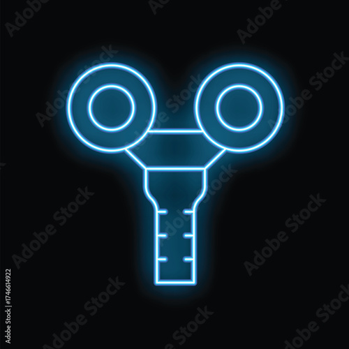 Neon blue glowing bicycle handlebar stem with bolts on a black background
