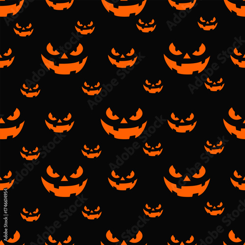 Seamless halloween background pattern with angry jack-o'-lantern faces.