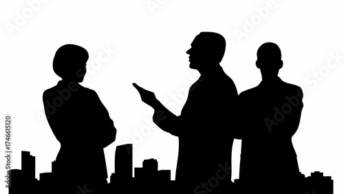 Dynamic business team discussing strategy with city skyline backdrop, professional teamwork and urban success