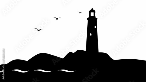 Striking lighthouse silhouette stands guard against the ocean, seagulls fly overhead, coastal serenity