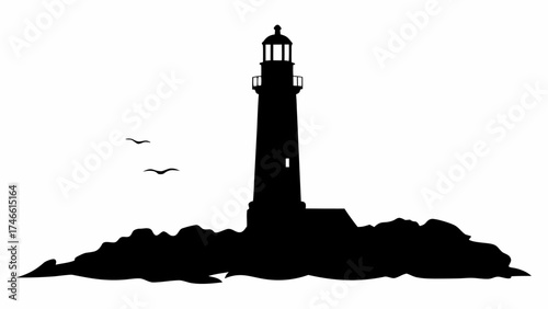 Dramatic lighthouse silhouette with birds soaring, a beacon of hope and guidance, coastal adventure