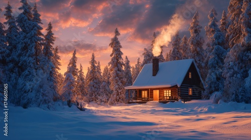 Cozy Wooden Cabin in Snowy Forest at Sunset with Warm Light