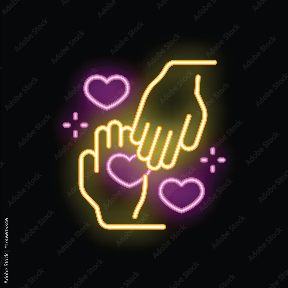 Obraz premium Neon sign representing love, care, and support, featuring two hands holding each other with hearts