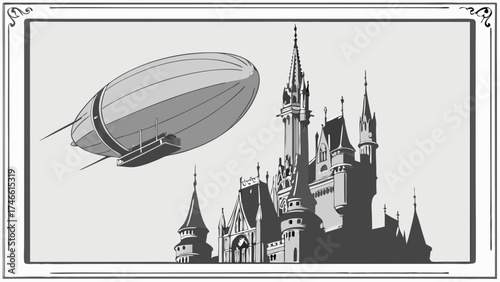 Vintage Illustration Airship Over a Fairytale Castle.