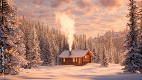 Cozy Wooden Cabin in Snowy Forest at Sunset with Warm Light