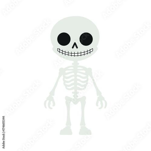 Cute smiling cartoon skeleton character.