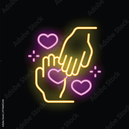 Neon sign representing love, care, and support, featuring two hands holding each other with hearts