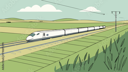 Modern High-Speed Train on the Go with Green Meadow Illustration.