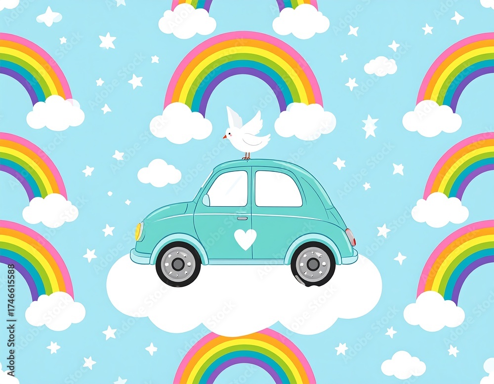Cute cartoon car with rainbow, clouds, stars, and a dove, seamless pattern