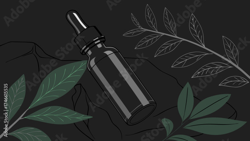 Modern Minimalist Graphic Bottle with Dropper and Botanical Elements.