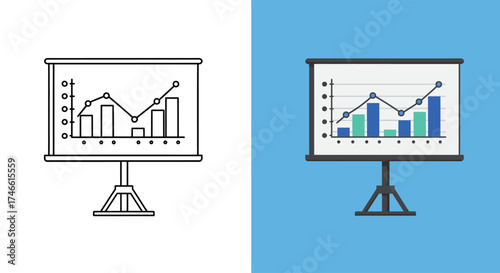 Business Data Analytics Presentation Board with Bar and Line Graphs, showing growth and trends in both outline and flat design styles.