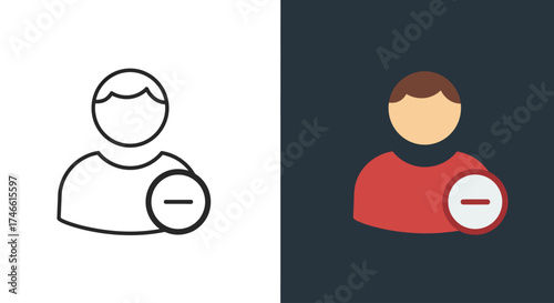 User Profile Remove Icon Set: Outline and Flat Design for Account Deletion or Negative Action