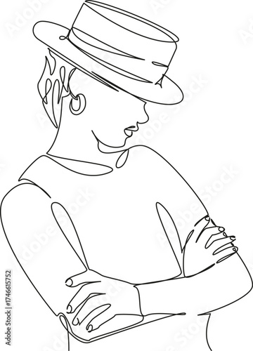 One continuous single drawing line art flat doodle hat, girl, woman, teenage, happy, fashion, beautiful. Isolated image hand draw contour on a white background, hand drawn, not AI