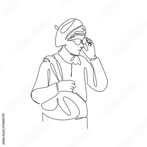 One continuous single drawing line art flat doodle grandmother, woman, goggles, old, elderly, mature, pensioner. Isolated image hand draw contour on a white background, hand drawn, not AI