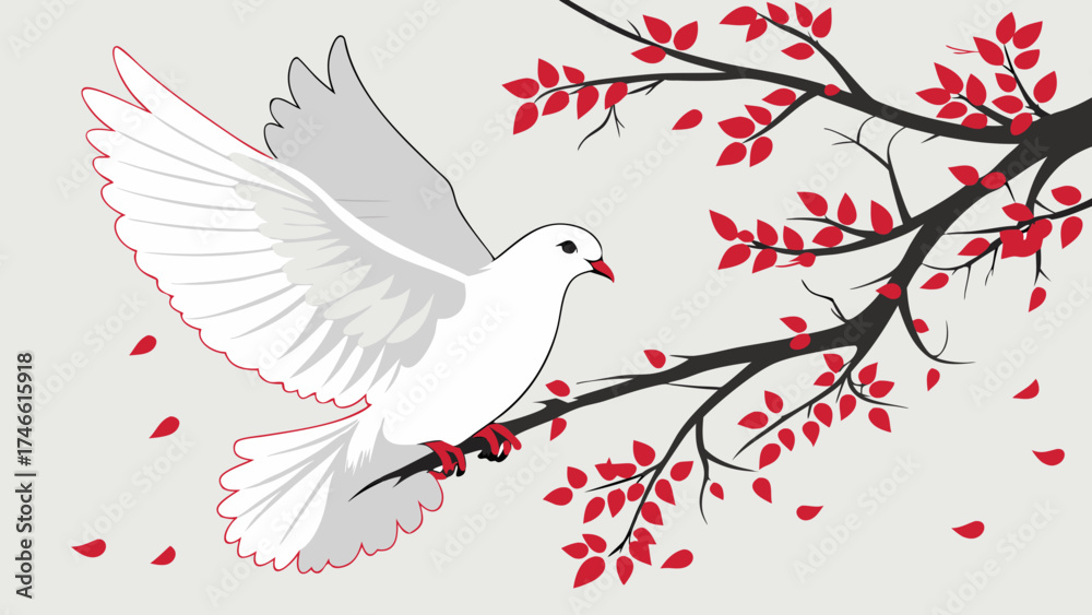 Fototapeta premium White Dove Taking Flight on Red Leafed Branch Peaceful Bird Illustration Nature Design Vector Art.
