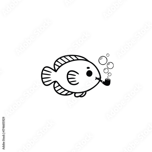 Cute Cartoon Clownfish with Smoking Pipe Blowing Bubbles Black and White Vector Illustration