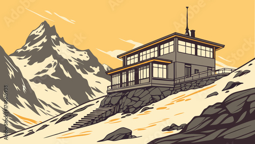 Mountaintop House Snowy Landscape Vector Illustration Winter Scene Architecture Travel Nature Cold Climate Cliffside Building High Altitude Vacation Home Scenic View Winter Holiday M.