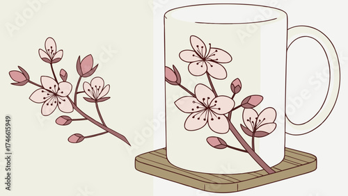 Mug with floral design spring blossom illustration coffee cup tea cup ceramic mug coaster pink flowers blossom branch spring theme floral pattern tableware kitchenware drinkware home.