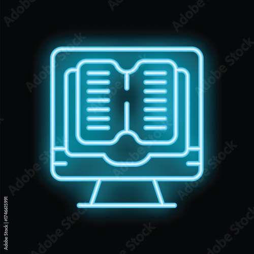 Glowing blue neon icon representing online education, digital library, or e learning concept