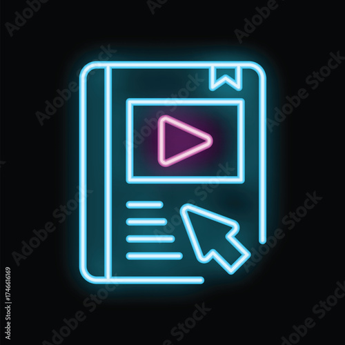 Neon glowing icon of a digital book with a video player, symbolizing online education and e learning