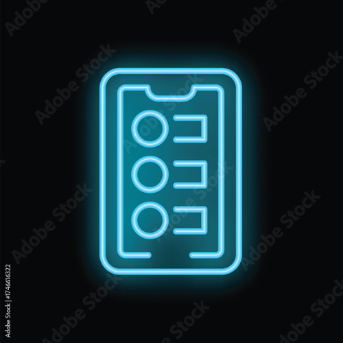 Bright blue neon icon of a smartphone displaying a checklist on its screen, suggesting task management or online survey