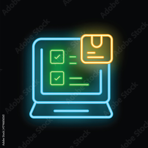 Neon laptop displaying a checklist and a package is representing online shopping order fulfillment