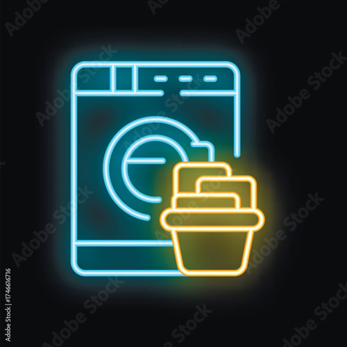 Blue and yellow neon icon of a washing machine with laundry basket on a black background, perfect for showcasing laundromat services