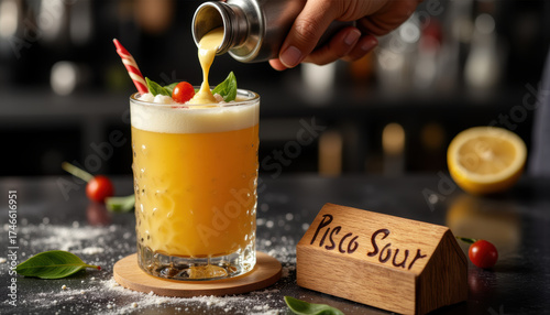 Refreshing Pisco Sour cocktail being poured with fresh ingredients  