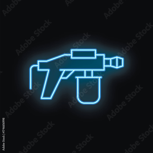 Blue neon sign of a modern electric spray gun glowing on a black background