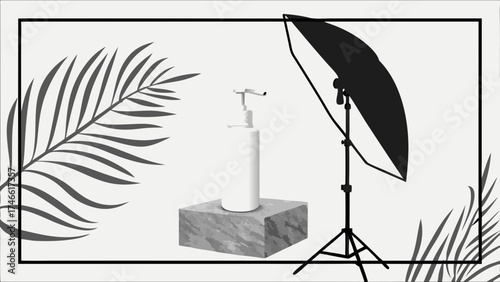 Product Photography Setup Minimalist Style with Pump Bottle Tropical Leaves and Studio Lighting.