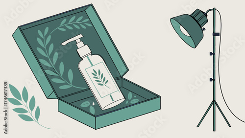 Product Photography Setup with Cosmetic Bottle in Box and Studio Lighting.