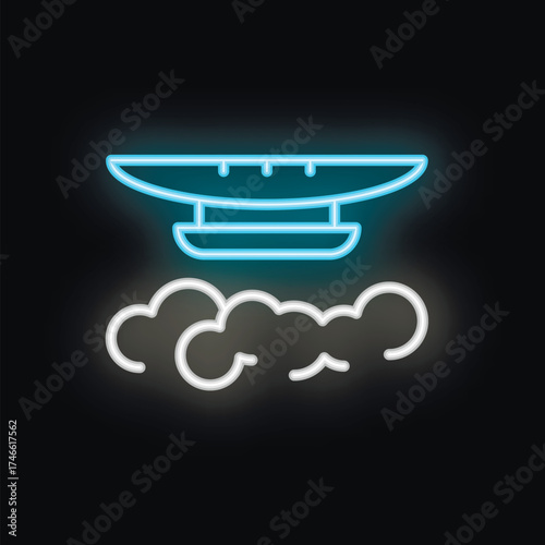 Blue and white neon sign representing blimp flying above clouds, on black background