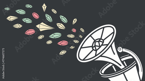 Retro-styled illustration featuring an old-fashioned speaker expelling colorful gem-shaped elements.