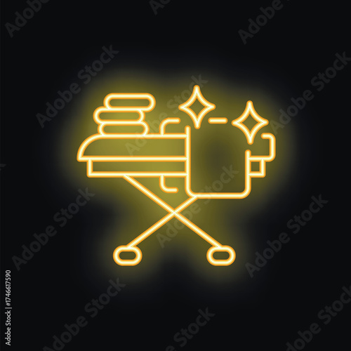 Neon glowing icon of ironing board with folded clothes and shining effect representing laundry service
