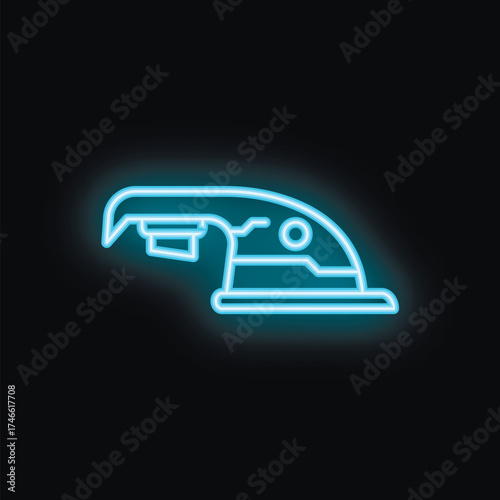 Blue neon sign of an orbital sander power tool glowing on a black background