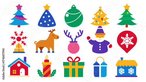 Vector art of colorful christmas icons with christmas tree, gift, reindeer and santa claus