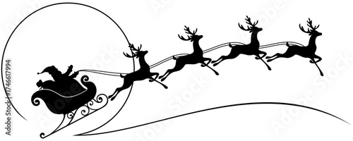 Silhouette of santa claus sleigh with moonin flight