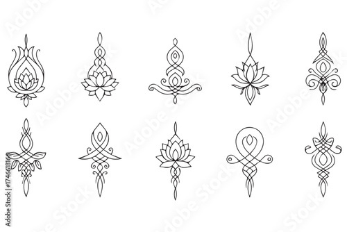 Collection of ten small, intricate ornamental designs with floral and abstract elements, isolated on transparent background